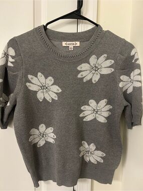 Nanette Lepore Gray Floral Embellished Short-Sleeve Sweater S